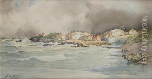A Coastal Village Oil Painting - Thomas Swift Hutton