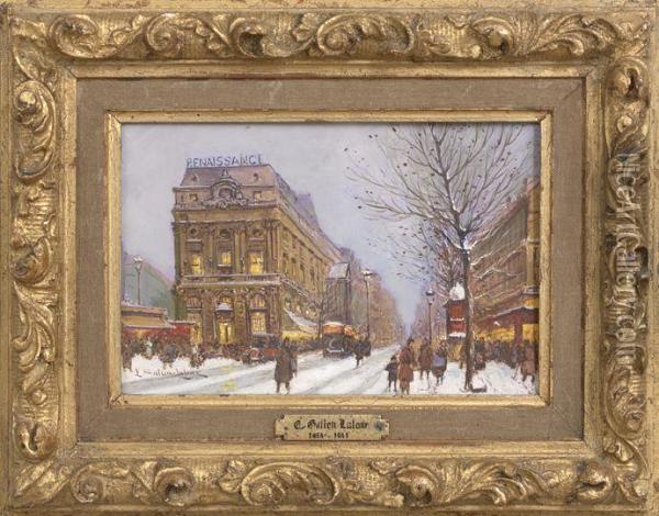 Parisian Street Scene In Winter Oil Painting - Eugene Galien-Laloue