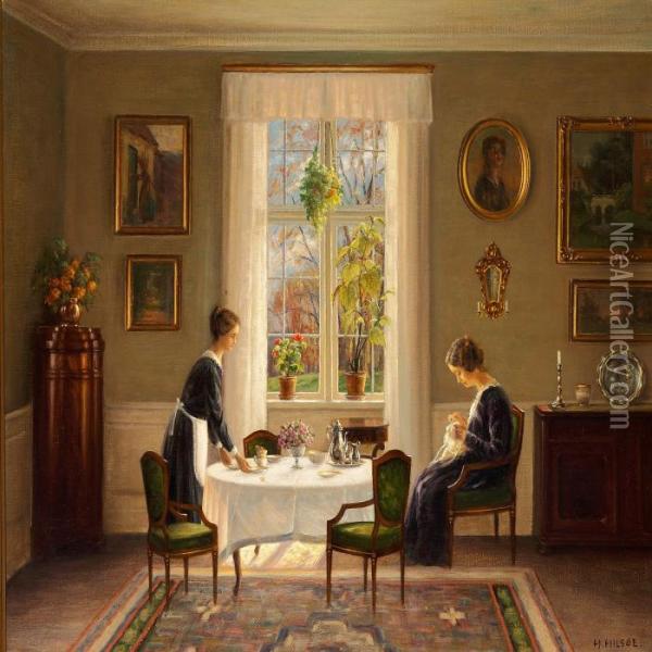 Interior With A Maid Serving Tea For The Mistress Oil Painting - Hans Hilsoe