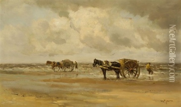 Shell-gatherers With Horses And Carts On The Beach Oil Painting - Willem George Frederik Jansen