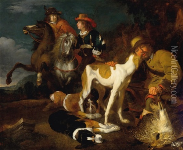 Two Riders And A Huntsman With Dogs And His Kill In A Landscape Oil Painting - Juriaen Jacobsz