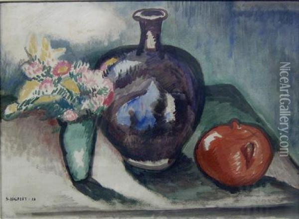 Still Life With Flowers, Apple And Vase Oil Painting - Samuel Halpert