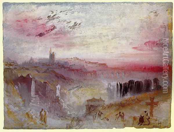 View over Town at Suset: a Cemetery in the Foreground Oil Painting - Joseph Mallord William Turner