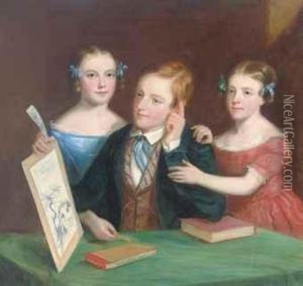 Portrait Of A Brother And Two Sisters Admiring Oil Painting - Robert Reginald Whale