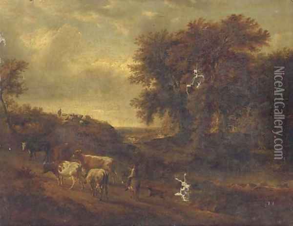 A wooded landscape with a herdsman and his cattle on a track Oil Painting - Philip Jakob