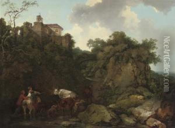 A Rocky Wooded Landscape With Peasants And Cattle On A Track, Aclassical Building Beyond Oil Painting - Philip Jacques de Loutherbourg