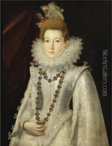 Portrait Of A Lady, Half Length,
 Wearing A White Richly Embroidered Dress And Holding A Necklace Oil Painting - Alonso Sanchez Coello