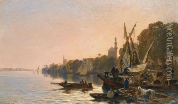 A Ferry On The Nile Oil Painting - Alberto Pasini