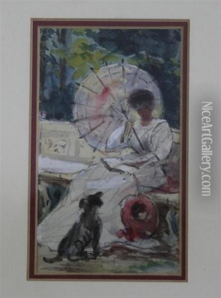 Sketch Of A Woman And Dog On A Terrace Oil Painting - Mortimer Luddington Mempes
