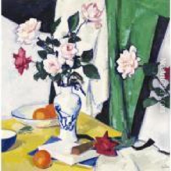 Still Life Of Pink And Red Roses In A Chinese Vase Oil Painting - Samuel John Peploe