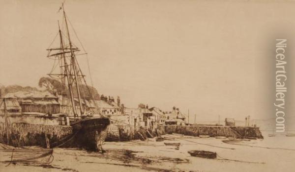 Boats In The Harbour At Low Tide Oil Painting - Herbert George Hampton