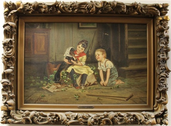 Boy & Girl With Dachshund Oil Painting - Ludwig Knaus