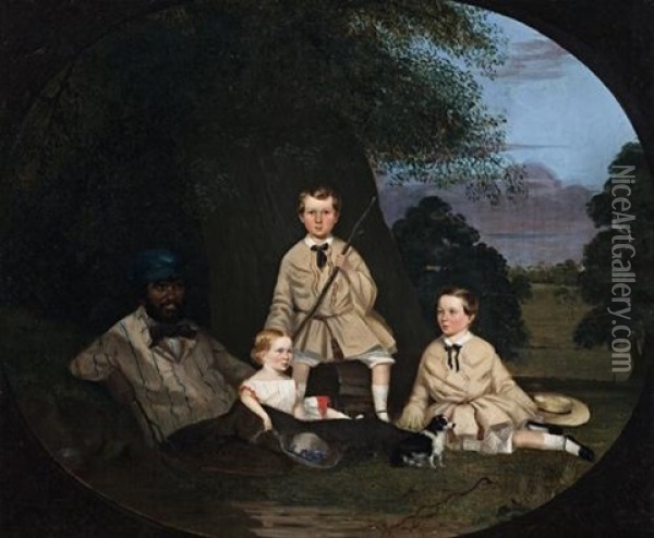 Masters George, William And Miss Harriet Ware With The Aborigine Jamie Ware Oil Painting - Robert Dowling