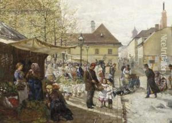 A Bustling Market Scene Oil Painting - J. Sellenati