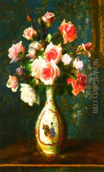 Pink Roses In A Japanese Vase On A Table Oil Painting - Henri Kokken