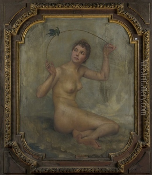Jeune Femme Nue Avec Un Couple De Perruches Oil Painting - Pierre-Joseph Mousset
