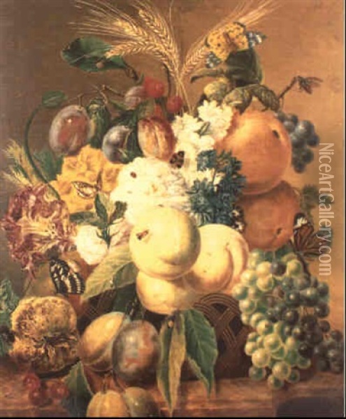 Still Life Of Fruit And Flowers In Wicker Basket On Ledge Oil Painting - Georgius Jacobus Johannes van Os