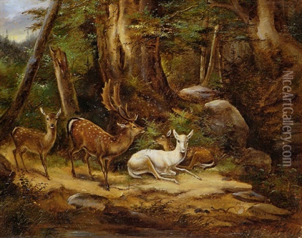 Hirsche Im Wald Oil Painting - Carl Friedrich Ockert