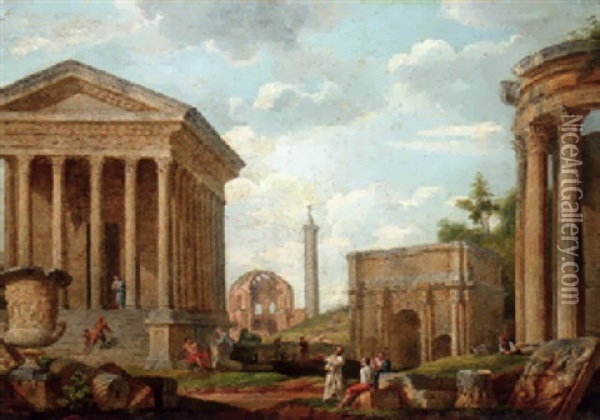 A Capriccio Of The Maison Caree At Nimes, The Arch Of Septimus Severus, Trajan's Column, Temples Of Minerva Medica And Vesta, And Philosophers Oil Painting - Giovanni Paolo Panini