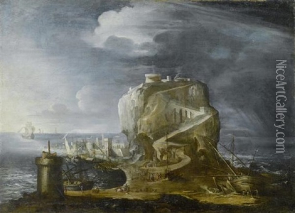 Hafenansicht Mit Festung Auf Einem Felsen Oil Painting - Filippo d' Angeli