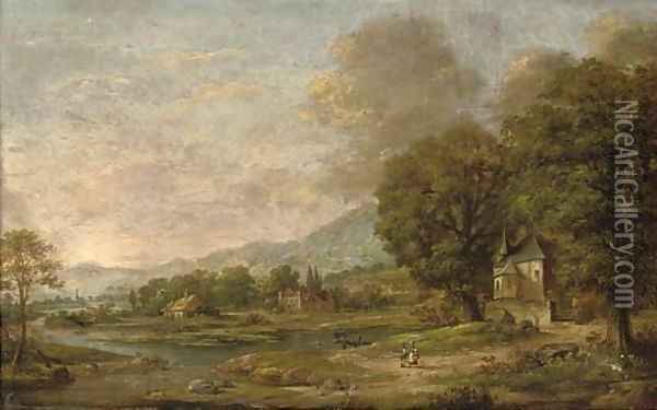 An extensive wooded river landscape with figures in the foreground Oil Painting - Dutch School