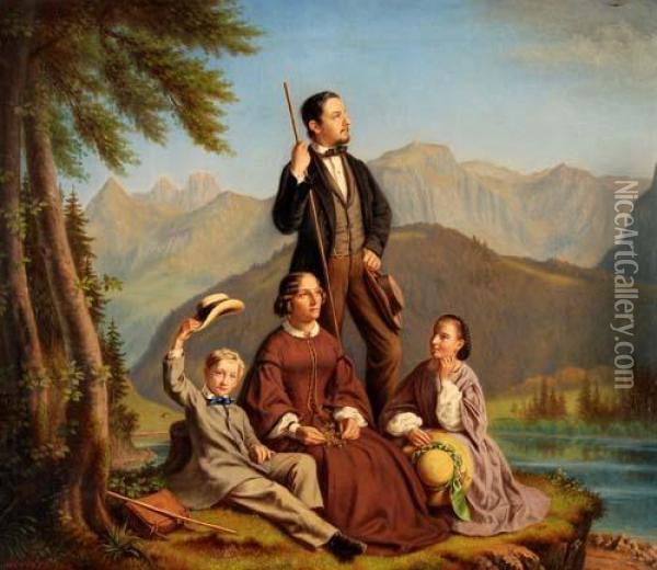 Familie Am Seealpsee Oil Painting - Johann Mettler