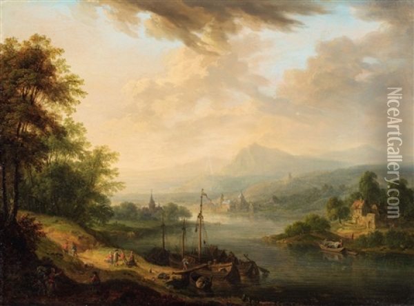 Dawn: Rhenish Landscape With Travellers And A Ferry (2 Works) Oil Painting - Christian Georg Schuetz the Younger