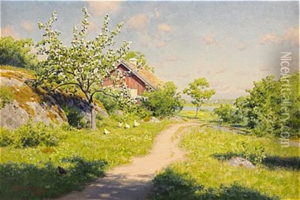 Vid Landsvagen - Gardsidyll I Sommargronska Oil Painting - Johan Fredrik Krouthen