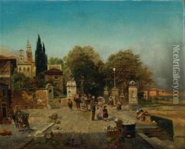 Neopolitan View With Peasants And Elegants Promenading Oil Painting - Robert Alott