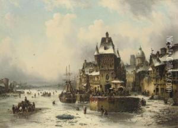 A Winter Quay Oil Painting - Ludwig Herrmann