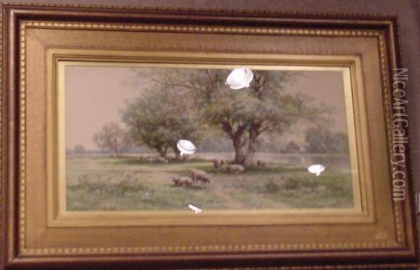 Sheep Grazing Beneath Flowering Trees Oil Painting - Carl Weber