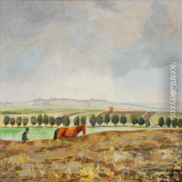 Autumn Landscape With Working Farmer Oil Painting - Fritz Syberg