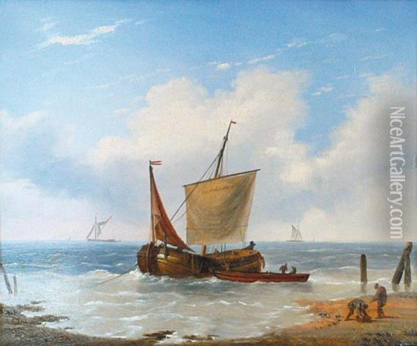 Bateau De Peche En Bord De Plage. Oil Painting - Louis Verboeckhoven