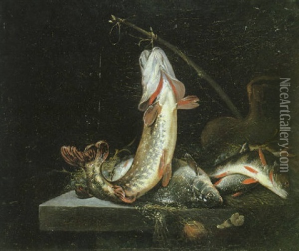 A Still Life Of Fish Resting On A Table Oil Painting - Pieter Van Noort