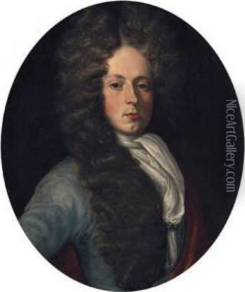 Portrait Of Anthony Wood, Half-length, In A Blue Coat And Whitestock Oil Painting - Charles Jervas
