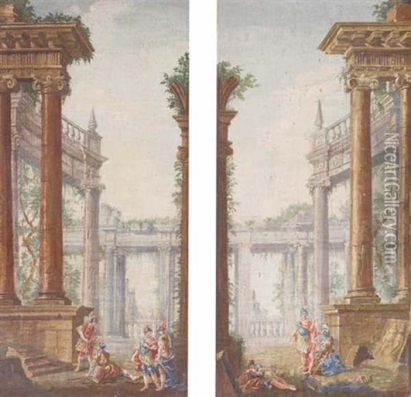 A Capriccio Of Classical Ruins With Soldiers Conversing Oil Painting - Giovanni Paolo Panini