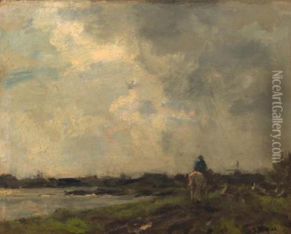 Langs De Rivier: A Peasant On Horse-back Along A River Oil Painting - Jacob Henricus Maris