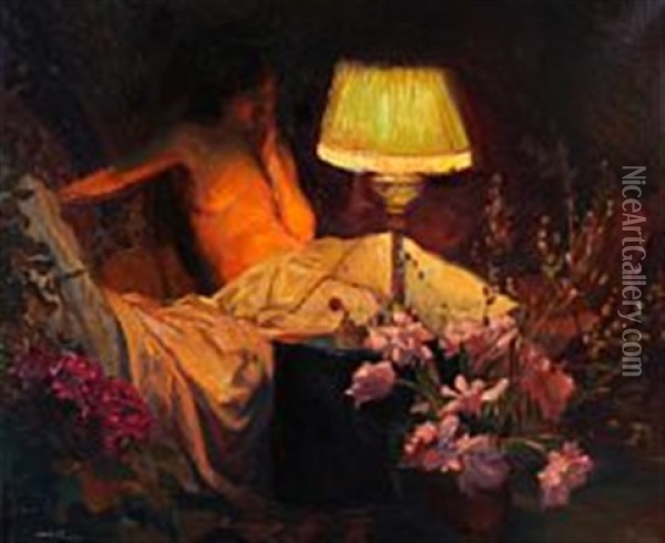 Interior With Sprawling Woman In Lamplight Oil Painting - Gerhard Lichtenberg Blom