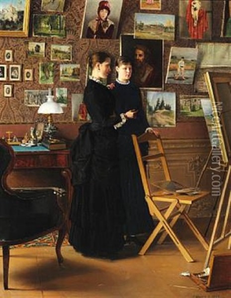 In The Studio. Two Russian Women Admiring The Artist's Work On The Easel Oil Painting - Alexander Alexeevich Shurigin