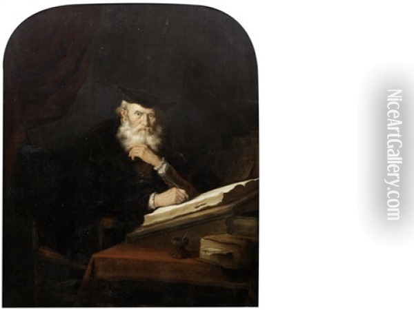 A Philosopher Seated At His Desk Oil Painting - Salomon Koninck