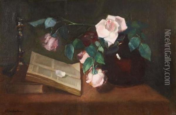 Still Life Withroses, Books And A Candlestick Oil Painting - Julia Henshaw Dewey