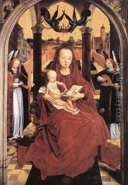 Virgin And Child Enthroned With Two Musical Angels Oil Painting - Hans Memling