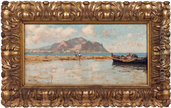 Pescatorelli Nel Golfo Di Palermo Col Monte Pellegrino Sullo Sfondo Oil Painting - Michele Catti