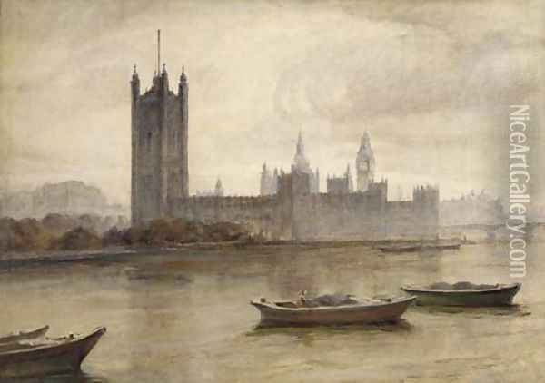 The Houses of Parliament from the South Bank Oil Painting - Frank Wasley