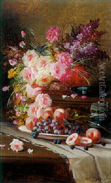 Still Life With Flowers, Peaches And Grapes Oil Painting - Max Carlier