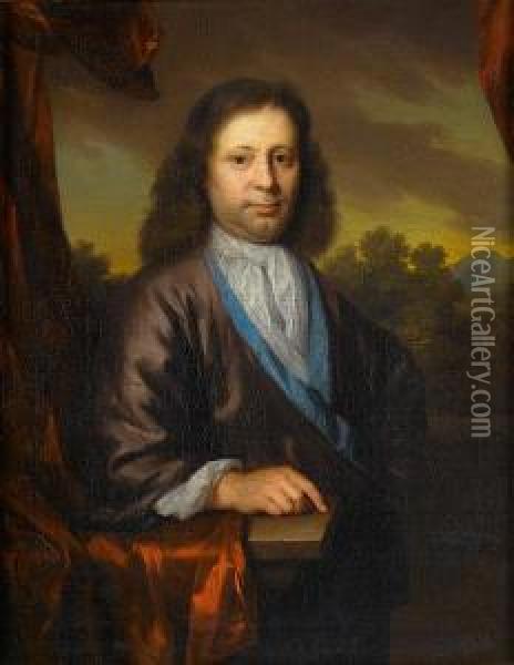 Portrait Of A Gentleman, 
Three-quarter-length,in A Violet Coat With A White Cravat, Standing 
Beside A Stone Ledgedraped With Red Silk, A View To A Landscape Beyond Oil Painting - Arnold Boonen