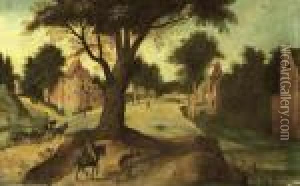 A Wooded Landscape With Travellers Entering A Town Oil Painting - Abel Grimmer