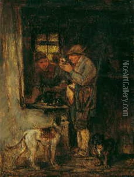 Wirtshausinterieur Mit Einem Jager Und Zwei Hunden Oil Painting - Anton Burger