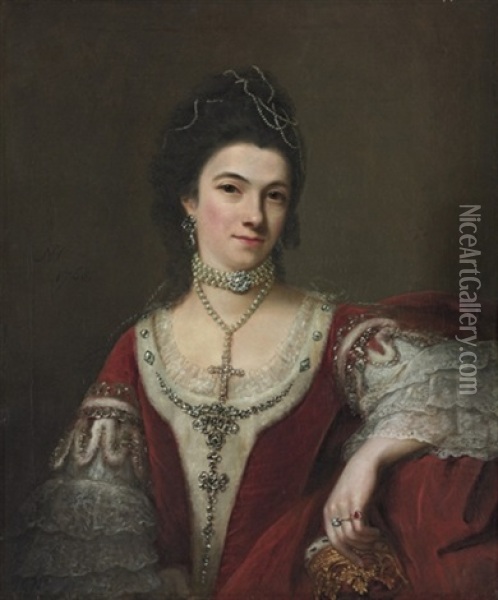 Portrait Of Jane, Duchess Of St. Albans Oil Painting - Nathaniel Hone the Elder