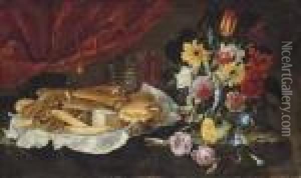 Roses, Carnations, Tulips And 
Other Flowers In A Glass Vase, With Pastries And Sweetmeats On A Pewter 
Platter, On A Stone Ledge In Front Of A Red Curtain Oil Painting - Giuseppe Recco